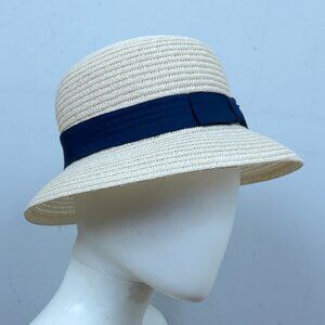 Vintage Girls Hat White Straw Fedora Navy Ribbon Spring Summer 20 " Size 6 3/8